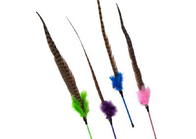 4 plumes pour chat fixées sur baguette colorées