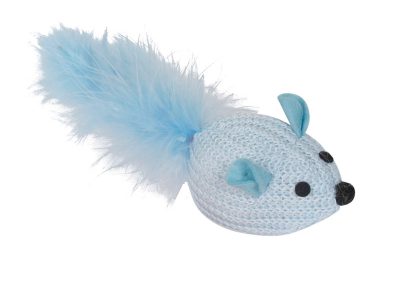 jouet pour chat souris bleu en maille et plume