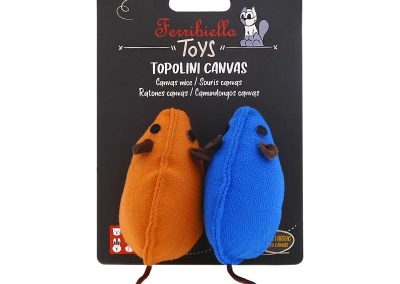 Jouet pour chat 2 souris en tissu canvas bleu et orange avec longue queue en cordelette soyeuse