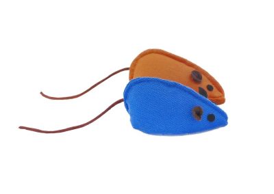 Jouet pour chat 2 souris en tissu canvas bleu et orange avec longue queue en cordelette soyeuse