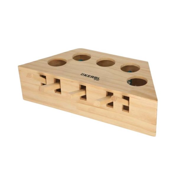 Jouet de réflexion pour chat en bois appuyer sur les barre pour faire sortir de petites figurines